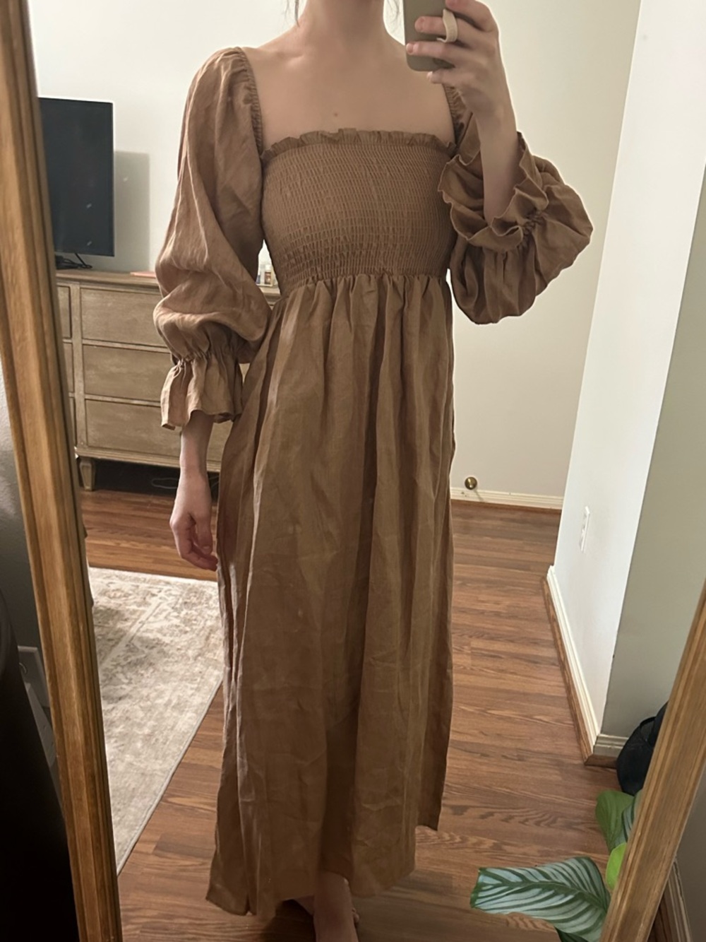Gabriella- Petal & Pup Brown Smocked Square-Neck Maxi Dress with Puff Sleeves